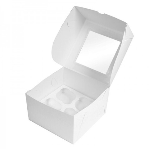 Коробка картонная под капкейки на 4 шт из бел/бел с окном, 160*160*100мм.