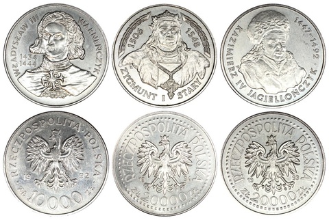 Набор из 3 монет Польские короли 1992-1994 год.  UNC