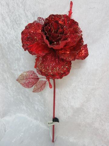 Цветок розы на ножке 30х71см ChristmasDeLuxe красный с глиттером