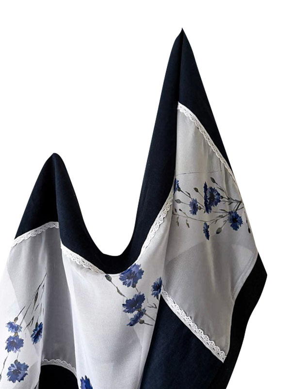 Палантин комбинированный с кружевом, печать 