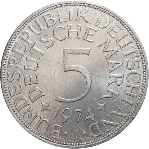 5 марок. Германия. (J). Серебро. 1974 год. XF-AU
