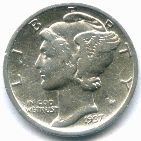 1 дайм (10 центов) 1937 (D). США F-VF (Меркурий) Серебро