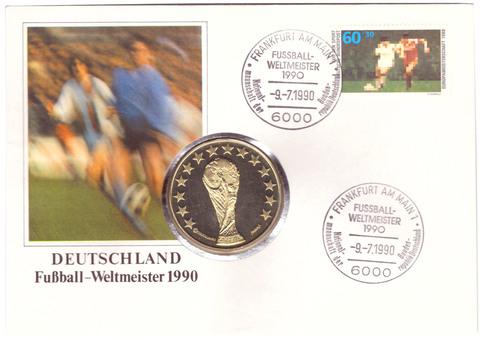 Медаль - Чемпионат мира по футболу в Италии 1990. Германия. Медноникель. В конверте со спецгашением. PROOF