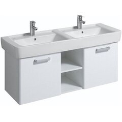Шкафчик для двойной раковины Geberit Renova Plan, двухдверный, с полочками по середине: B=120см, H=46.3см, T=47.8см, белый / меламин, структура дерева, матовый, белая / блестящая лакированная фото