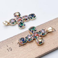 Подвеска Крест, цвет золото, цветные фианиты, размер 26*18 мм, цена за 1 шт