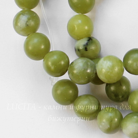 Бусина Жадеит, шарик, цвет - оливковый, 8 мм, нить