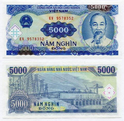 Банкнота Вьетнам 5000 донгов 1991 год EV 9578352. AUNC