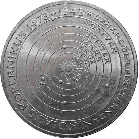 5 марок. 500 лет со дня рождения Николая Коперника. Германия. (J). Серебро. 1973 год. AU