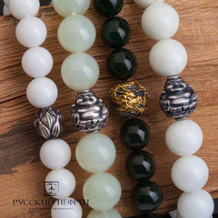 Браслет "Дракон" позолоченный. Белый нефрит. 12мм