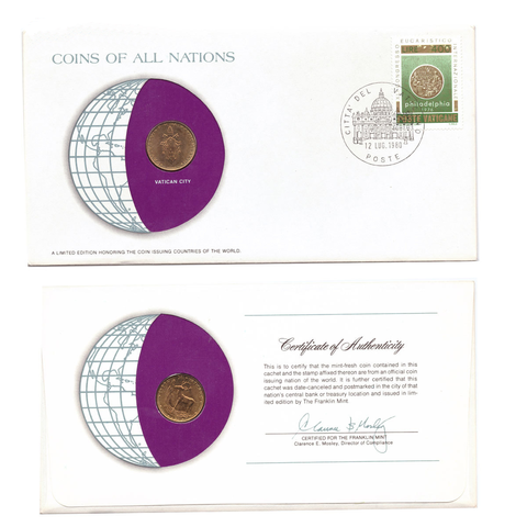 20 лир 1975 год. Ватикан. Аллюминиевая бронза AUNC в конверте со спецгашением