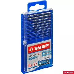 ЗУБР ПРОФ-А, 10 шт, (0.5-2.2 мм), сталь Р6М5, класс А, для печатных плат, набор сверл по металлу, Профессионал (29625-H10-P)