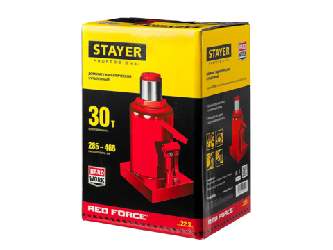 STAYER RED FORCE, 30т, 285-465 мм, Бутылочный гидравлический домкрат (43160-30)
