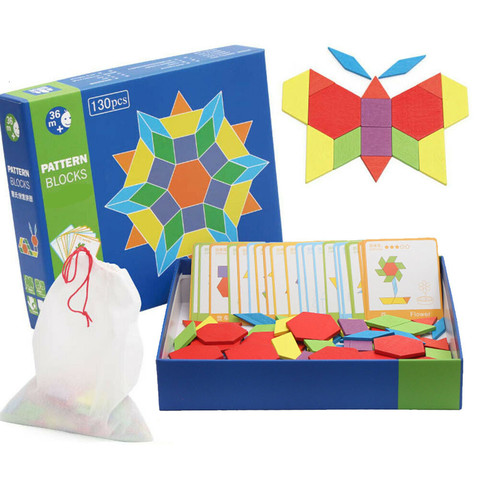 Развивающие пазлы Монтессори ZhikuBao Pattern Blocks 130 геометрических фигур, 24 карточки для детей от 3-х лет