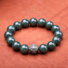 Браслет Колесо фортуны. Нефрит цвета тёмной морской волны. 12мм.