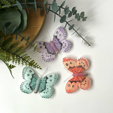 Бабочки перьевые, НЕЖНЫЕ, декоративные, 8 см, на зажиме, набор 3 штуки