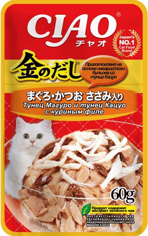 INABA Ciao Kinnodashi пауч для кошек тунец магуро и тунец кацуо с куриным филе в желе 60г