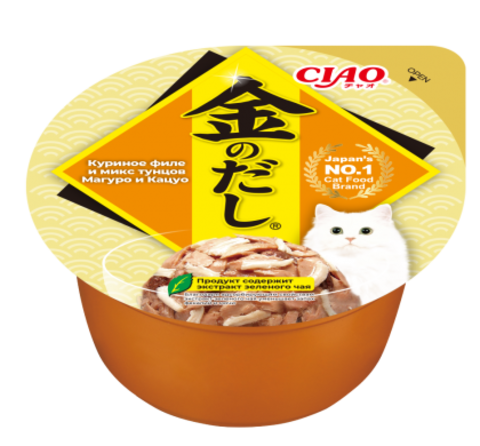 INABA Kinnodashi cup Куриное филе и микс тунцов Магуро и Кацуо Доп. рацион д/кош. 70г