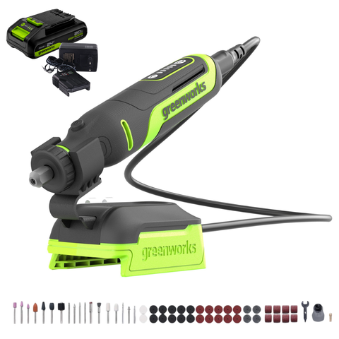 Гравер Greenworks G24RTK2 24V с базой и оснасткой (52 шт) аккумуляторный, с АКБ 2 А/ч и ЗУ