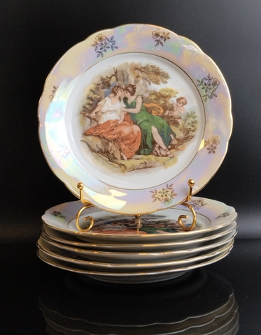 Тарелки пирожковые фарфоровые набор из 6 штук, из сервиза "Мадонна", Kahla GDR, люстр, изображение, золочение, винтаж времён 1970-1990 гг