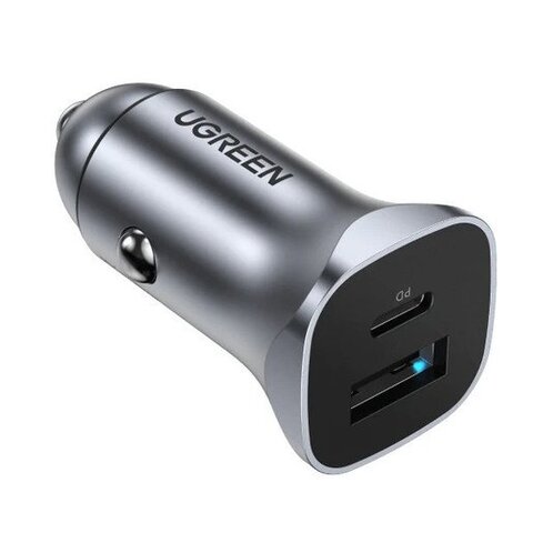 Автозарядка UGREEN CD130 USB-C PD+USB-A QC 24W Fast, серый космос