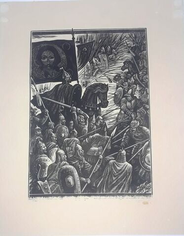 Харламов Сергей Михайлович. Куликовская битва. СССР, 1970-1980 гг. Бумага, линогравюра.