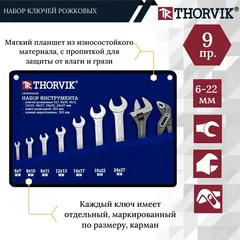 Thorvik OEWS009AW Набор в сумке, ключи рожковые, 6-27 мм, ключ разводной 250 мм, клещи переставные 250 мм 53706