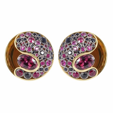 Серьги с Родолитами, Черными Сапфирами и Рубинами, E0023-0/67