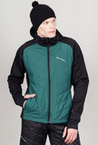 Премиальный костюм для лыж и зимнего бега Nordski Hybrid Hood Premium Black-Alpine Green с лямками