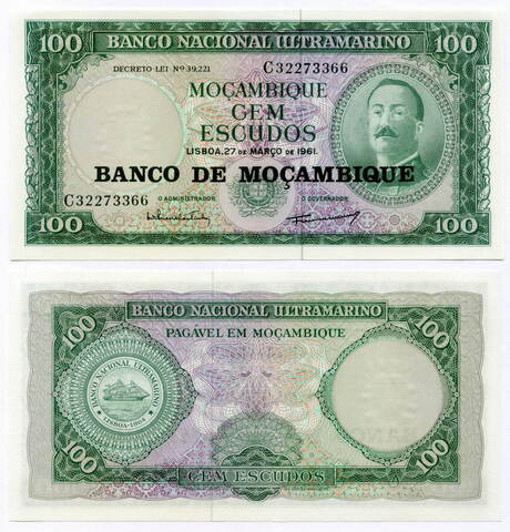 Банкнота Мозамбик 100 эскудо 1961 год (надпечатка 1976). UNC