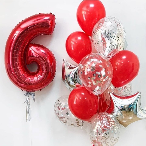воздушные шары мальчику на 6 лет, шар цифра 6, латексные красные шары, шары с конфетти