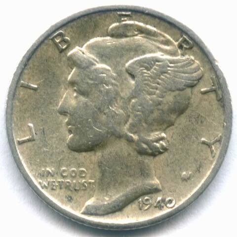 1 дайм (10 центов) 1940 (D). США VF (Меркурий) Серебро