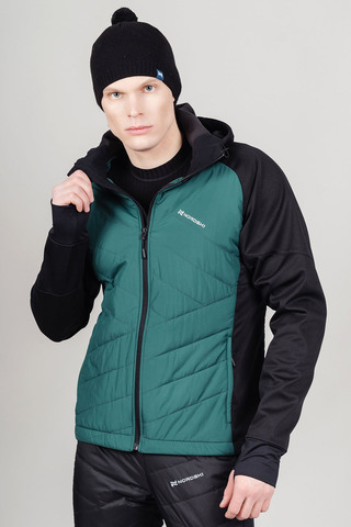 Премиальный костюм для лыж и зимнего бега Nordski Hybrid Hood Premium Black-Alpine Green с лямками