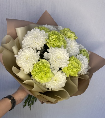 Хризантема кустовая с нежными лаймовами  диантусами