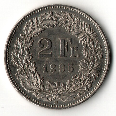 2 франка 1995 год. Швейцария. Медно-никель