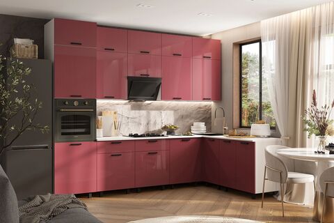 Кухня Техно 3,0х1,8/1080м Компоновка №6 (Марсала глянец, Белый (Антарес))