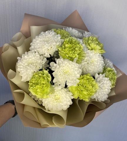 Хризантема кустовая с нежными лаймовами  диантусами