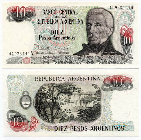 Банкнота Аргентина 10 песо 1983 год. UNC