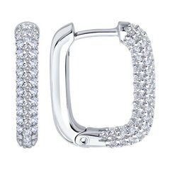 Серьги-конго мягкий прямоугольник из серебра 925 пробы в обсыпке из фианитов