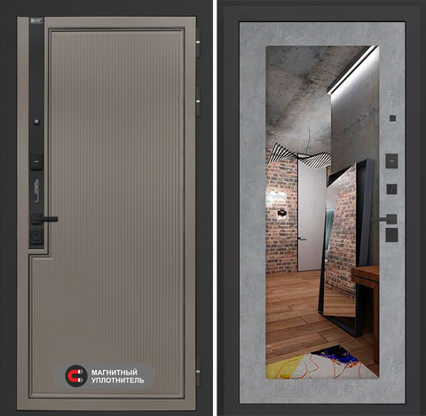 Входная дверь в квартиру Лабиринт Лаб про 1 Велютто кофе с зеркальной вставкой 18 Бетон светлый