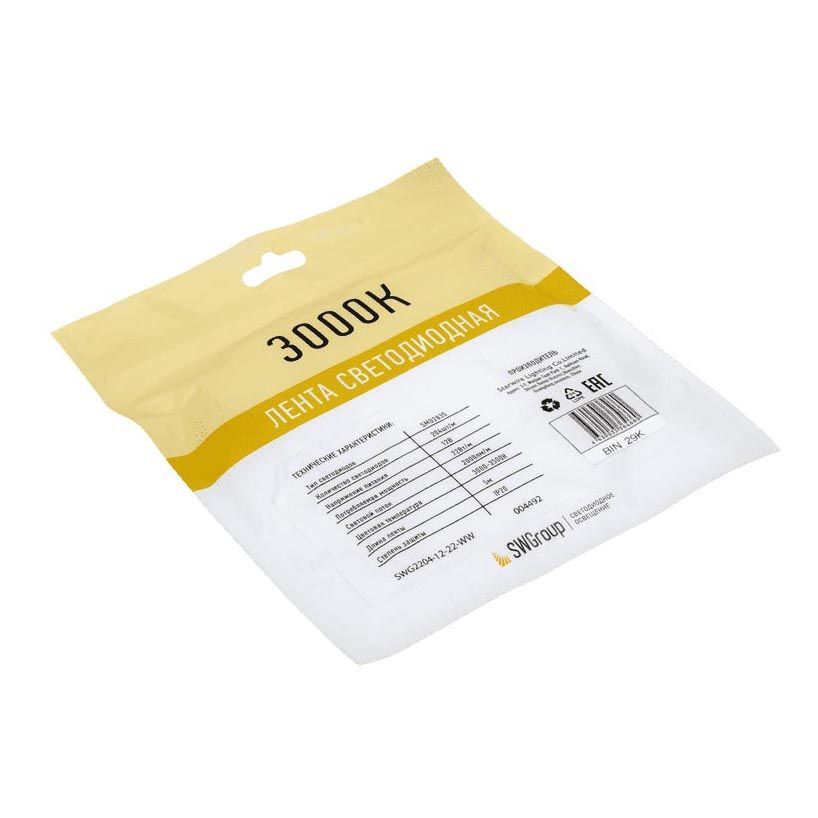 Светодиодная лента SWG 22W/m 204LED/m 2835SMD теплый белый 5M 004492