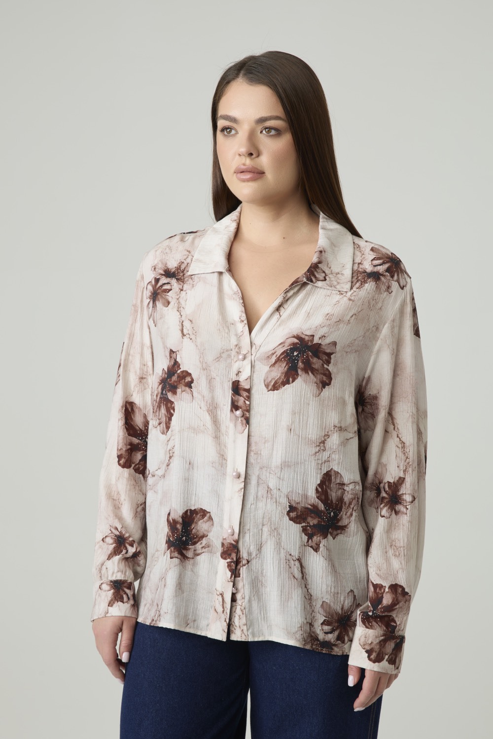Блузка с отложным воротником, цветочный принт бежевый