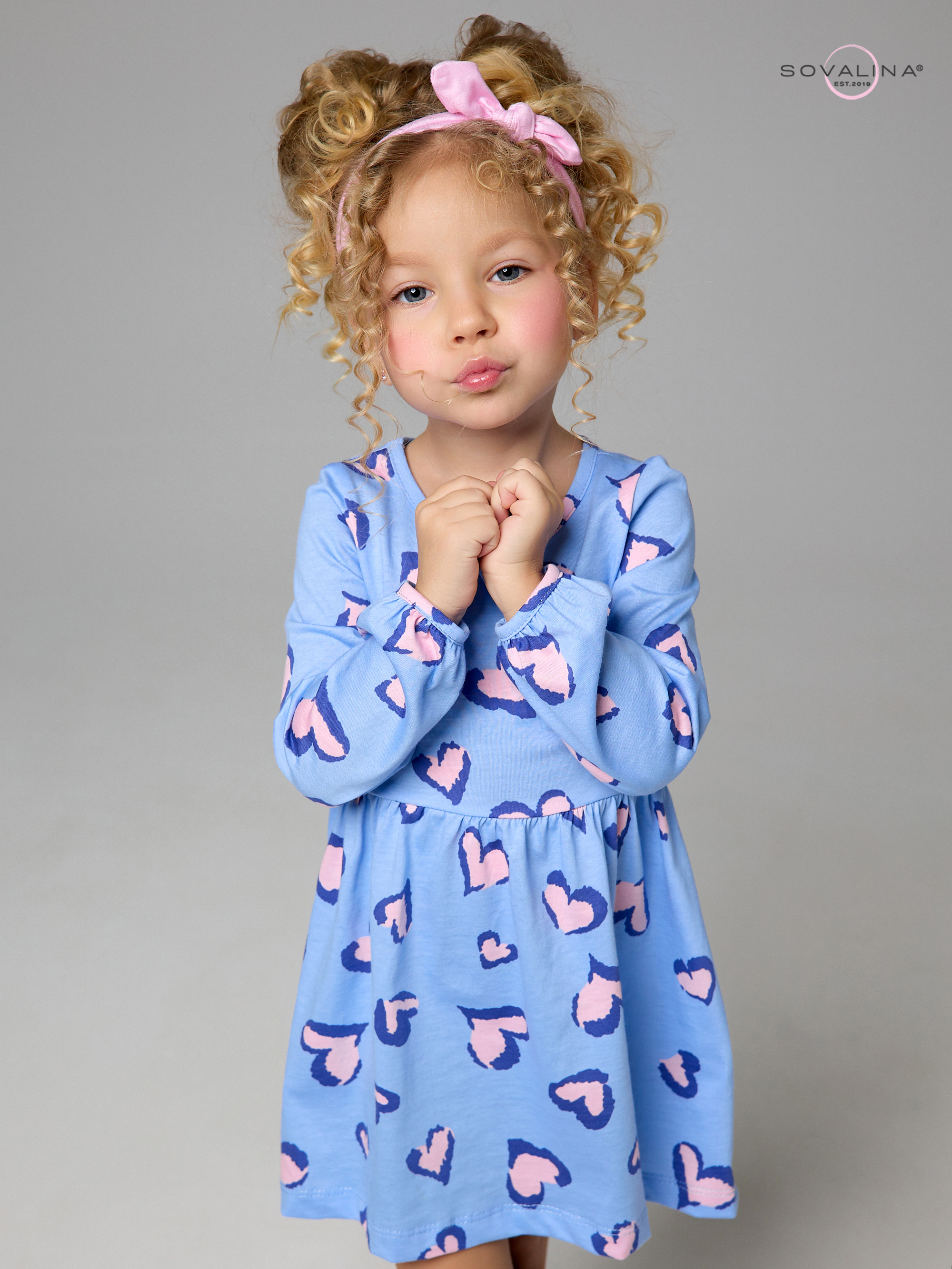 Платье Моана розовые сердечки на голубом