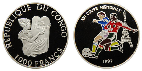 1000 франков Чемпионат мира по футболу Франция 1998 г. Эйфелева башня КПД Конго 1997 г. Proof