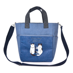 Сумка женская с котами, через плечо, на молнии и карманом для напитков "NAGONAGO", джинсовый синий, 23-6552-2, KUSUGURU