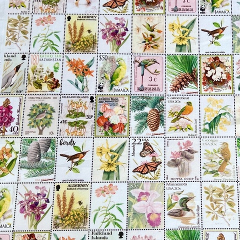 ОТПРАВЛЕНО НА ПЕЧАТЬ, КУПОН 58/110 см, 9 рядов МАРКИ, БОТАНИКА, БАБОЧКИ, ЦВЕТЫ - 100% хлопок