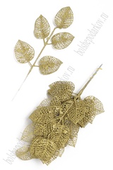 Ветка искусственная, Листья, глиттер золото, 36*15 см, 5 шт.