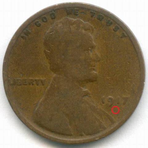 1 цент 1917 (без знака - Philadelphia). США. Пшеничный цент. Бронза F-VF