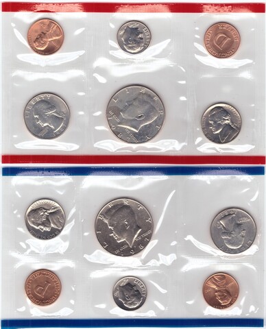 Годовой набор монет США 1987 год (5 монет + жетон - D; 5 монет + жетон - P) в родном конверте. Медно-никель, медь