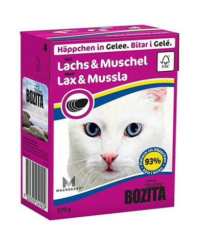 BOZITA консервы для кошек кусочки в желе с лососем и мидиями 370 г
