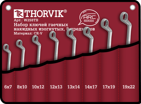 Thorvik W2S8TB Набор ключей гаечных накидных изогнутых серии ARC в сумке, 6-22 мм, 8 предметов 52623